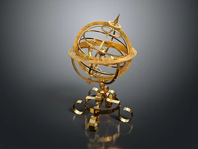 Golden Decorative Ornament Set With Armillary Sphere Metal Frame And Base 3d model
