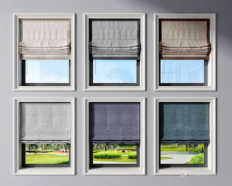 Stylish Roman Blinds in Various Tones Decorating Windows with Outdoor Green Landscape 3d model 