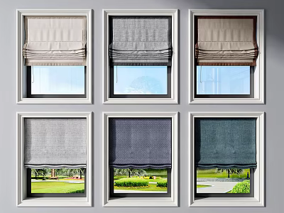 Stylish Roman Blinds in Various Tones Decorating Windows with Outdoor Green Landscape 3d model