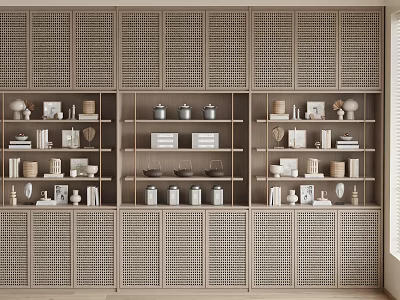 Modern Wooden Decorative Cabinet With Lattice Doors And Multiple Compartments Holding Decor Items Vases Books 3d model