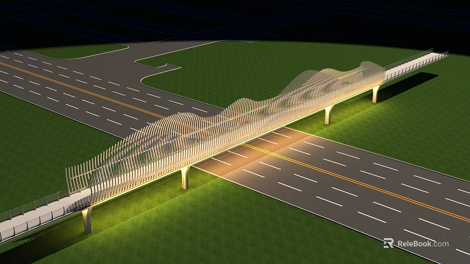 Modern Wave Shaped Pedestrian Bridge Over Road With Green Grass And Illuminated Design 3d model 