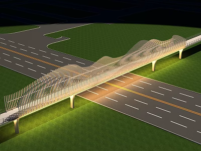 Modern Wave Shaped Pedestrian Bridge Over Road With Green Grass And Illuminated Design 3d model