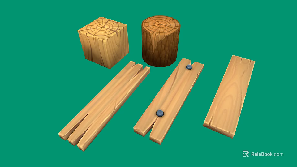 Natural Wooden Materials Including Square Stump Round Log And Planks With Nails 3d model 