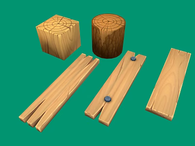 Natural Wooden Materials Including Square Stump Round Log And Planks With Nails 3d model