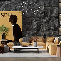 Modern Sofa Coffee Table Combination Corner Sofa Coffee Table Wooden Side Wool Stone Wall 3d model