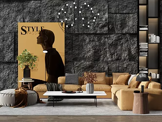 Modern Sofa Coffee Table Combination Corner Sofa Coffee Table Wooden Side Wool Stone Wall 3d model