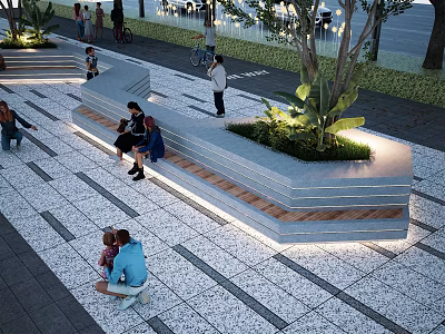 Modern Outdoor Public Bench In Urban Plaza With Green Plants Pedestrians And Stone Pavement 3d model
