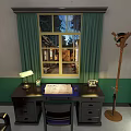 Traditional Office Interior With Sofa Desk Chair Floor Lamp Bookshelf And Green Curtains
