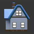 Cartoon House Scene With Blue Roof White Walls Brown Chimney Windows Brick Base And Reflection