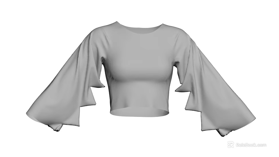 Gray Cropped Top With Bell Sleeves And Ruffled Cuffs For Modern Fashion 3d model 