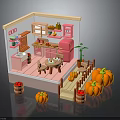 Modern Toy Kitchen Scene With Pink Furniture Pumpkins And Wooden Barrels