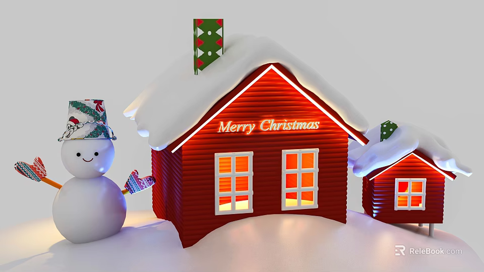Christmas Photo Check-in Spot With Red Houses Snowy Roofs Lit Windows And Snowman 3d model 