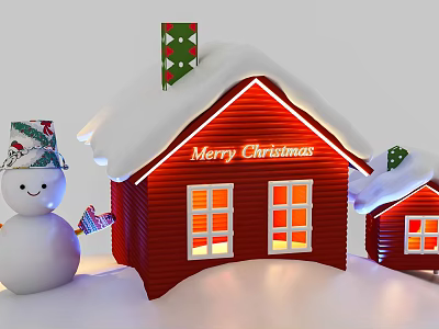 Christmas Photo Check-in Spot With Red Houses Snowy Roofs Lit Windows And Snowman 3d model