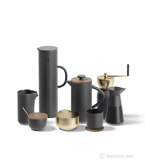 Modern Black and Gold Tea Set Including Teapot Kettle Cups Grinder and Bowls 3d model 