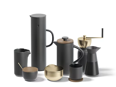 Modern Black and Gold Tea Set Including Teapot Kettle Cups Grinder and Bowls 3d model