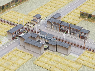 Aerial View Of Scenic Traditional Village With Golden Rice Fields Railway Tracks And Houses 3d model