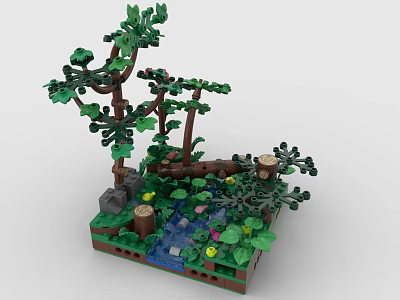 Creative Building Blocks Forest Scene With Trees Stream Flowers And Green Leaves 3d model