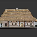 Cartoon Scene Of Small House With Thatched Roof Striped Walls Multiple Windows And Doors