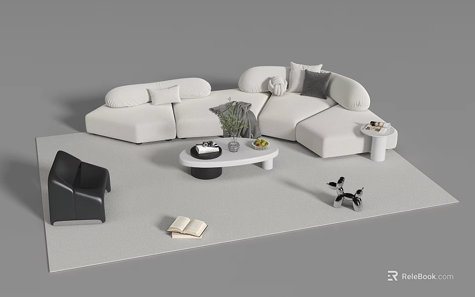 Modern White Sofa And Coffee Table Set With Pillows Green Plant Side Table On Rug 3d model 