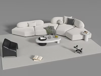 Modern White Sofa And Coffee Table Set With Pillows Green Plant Side Table On Rug 3d model