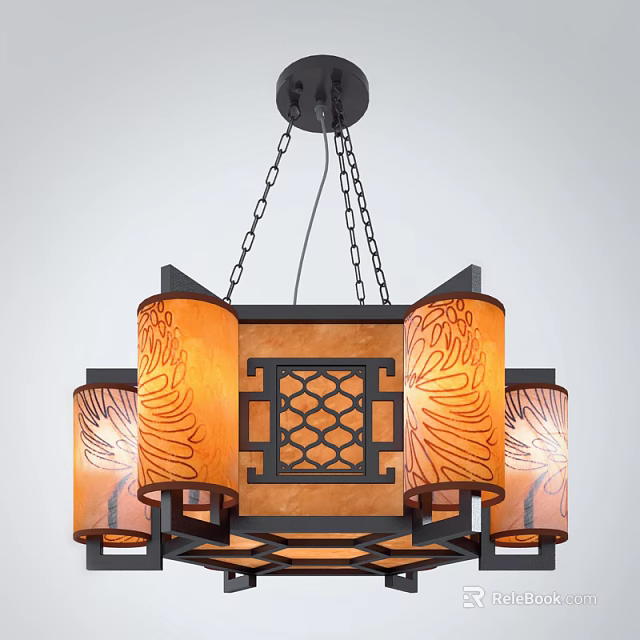 Chinese Style Chandelier with Amber Patterned Shades Black Metal Frame and Intricate Lattice Design 3d model 