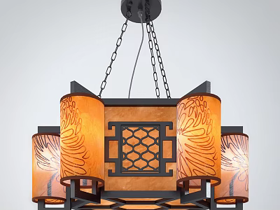 Chinese Style Chandelier with Amber Patterned Shades Black Metal Frame and Intricate Lattice Design 3d model