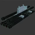 Black Stacked Pipes With White Structural Frame Industrial Components 3d model