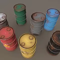Industrial Equipment Multiple Colored Drums Featuring Hazard Symbols Flame And Radioactive