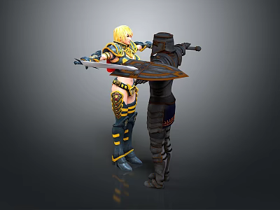 Golden Armored Female Character And Black Armored Creature With Weapon Shield In Confrontation Pose 3d model