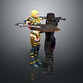 Golden Armored Female Character And Black Armored Creature With Weapon Shield In Confrontation Pose