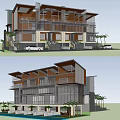 Modern Townhouse Multi Storey Design With Large Glass Windows Wooden Roofs And Balconies