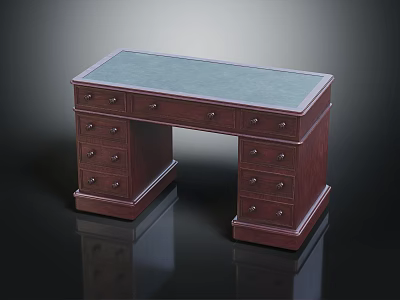 Traditional Wooden Office Desk With Green Felt Top Multiple Drawers Classic Design Shiny Surface 3d model