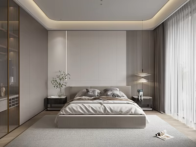 Modern Minimalist Bedroom Interior Design With Gray Tones Headboard Nightstands And Green Plants 3d model