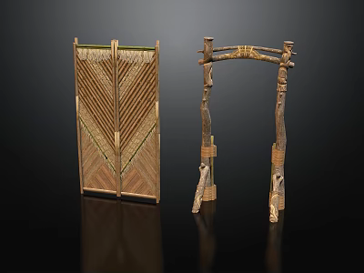 Wooden Door Entrance Gate Primitive Tribal Minority City Tazhai Village Game Scene Props CG Bamboo Door 3d model