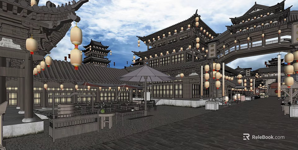 Traditional Ancient Architecture Courtyard With Hanging Lanterns Curved Roofs And Wooden Pavilions 3d model 