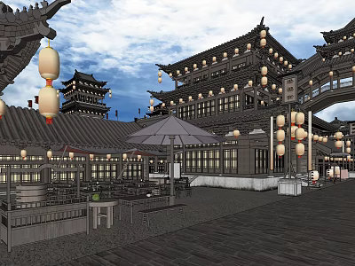 Traditional Ancient Architecture Courtyard With Hanging Lanterns Curved Roofs And Wooden Pavilions 3d model