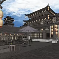 Traditional Ancient Architecture Courtyard With Hanging Lanterns Curved Roofs And Wooden Pavilions