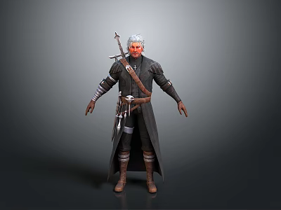 Silver Haired Man With Red Facial Markings Wearing Dark Long Coat Leather Belt And Weapons 3d model