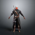 Silver Haired Man With Red Facial Markings Wearing Dark Long Coat Leather Belt And Weapons