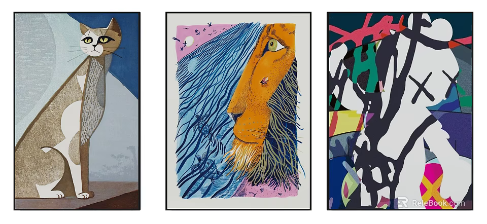 Vibrant Animal Themed Abstract Paintings Featuring Cat Lion And Abstract Designs 3d model 