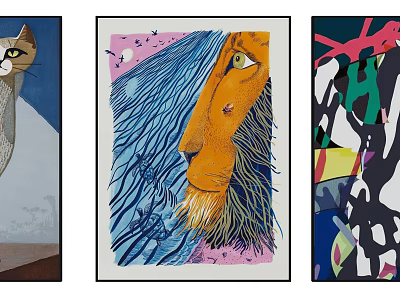 Vibrant Animal Themed Abstract Paintings Featuring Cat Lion And Abstract Designs 3d model