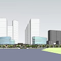 Modern Commercial Street Design With Tall Buildings Central Fountain And Greenery