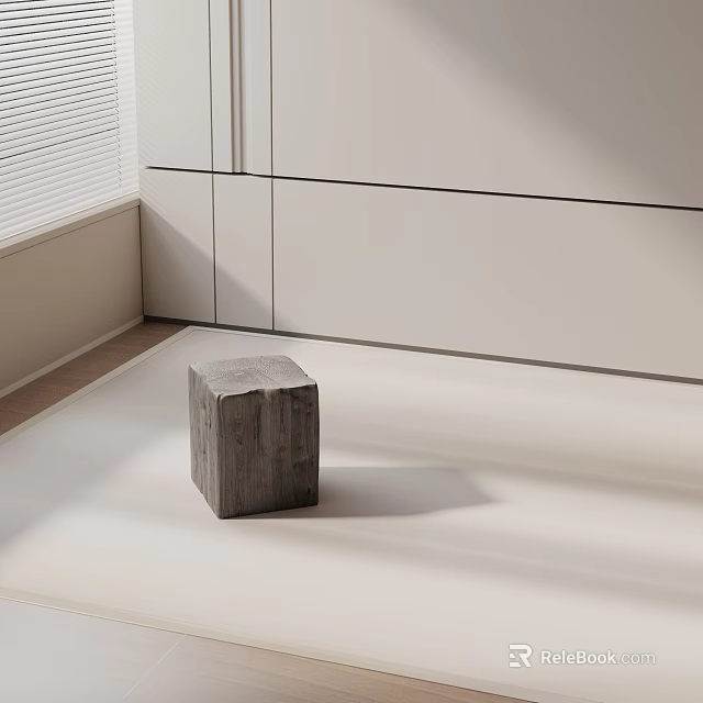Gray Cube Side Table In Modern Space With White Cabinets Blinds And Light Colored Floor 3d model 