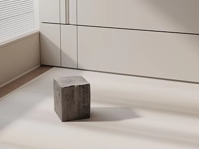 Gray Cube Side Table In Modern Space With White Cabinets Blinds And Light Colored Floor 3d model