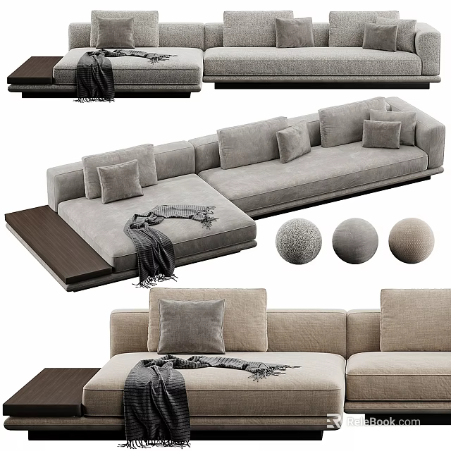 Modern Light Gray Sectional Sofa with Plush Pillows Soft Throw Blanket and Round Decorative Balls 3d model