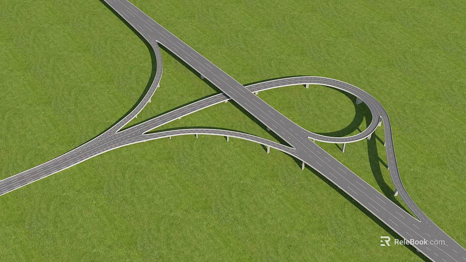 Modern Highway Bridge Interchange With Curved Lanes And Green Grass Surroundings 3d model 
