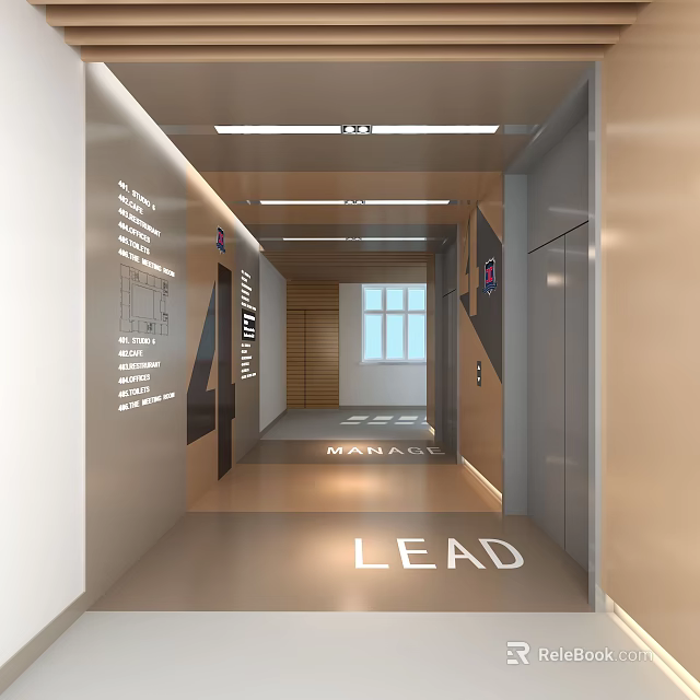 Elevator Hallway With LEAD Management Sign Wall Information And Ceiling Lighting 3d model