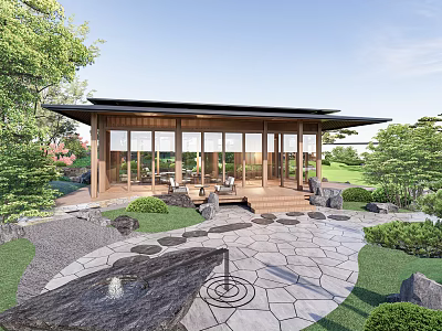 Wooden Pergola in Modern Outdoor Garden with Open Design Stone Path Greenery and Trees 3d model