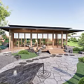 Wooden Pergola in Modern Outdoor Garden with Open Design Stone Path Greenery and Trees