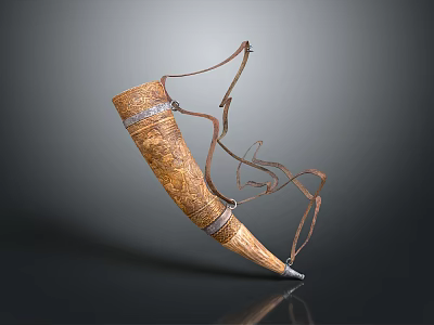Handcrafted Carved Horn Drinking Vessel With Decorative Leather Strap Design 3d model